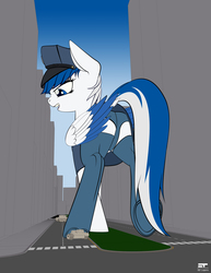 Size: 2550x3300 | Tagged: safe, artist:styroponyworks, oc, oc:striker blue, pony, butt, city, clothes, commission, crush fetish, female, fetish, giant pony, hat, high res, looking down, macro, mare, open mouth, panties, plot, police officer, stockings, tank (vehicle), thigh highs, underhoof, underwear