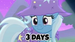 Size: 1970x1108 | Tagged: safe, edit, edited screencap, screencap, trixie, pony, unicorn, g4, no second prances, road to friendship, season 8, cape, clothes, countdown, cute, female, happy, hat, messy, smiling, solo, text, this will end in trixie, trixie's cape, trixie's hat