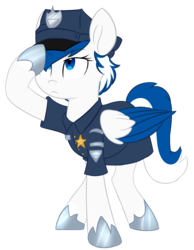 Size: 2200x2836 | Tagged: safe, artist:chub-wub, oc, oc only, oc:striker blue, pegasus, pony, clothes, commission, female, flat colors, high res, hoof shoes, police officer, salute, simple background, solo, transparent background