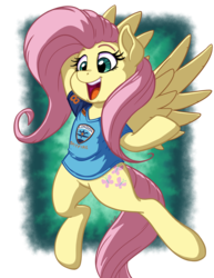 Size: 2550x3300 | Tagged: safe, artist:latecustomer, fluttershy, pegasus, pony, g4, clothes, commission, cute, female, high res, mare, open mouth, overwatch, shirt, shyabetes, simple background, smiling, solo, t-shirt, transparent background