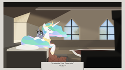 Size: 3798x2136 | Tagged: safe, artist:aaronmk, princess celestia, alicorn, earth pony, pony, g4, atg 2018, bed, eyes closed, female, german, high res, male, mare, newbie artist training grounds, philipp mainländer, ponified, stallion, text, this will end in suicide pact