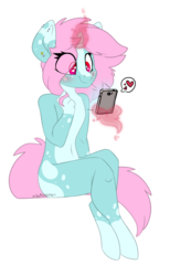 Size: 1102x1792 | Tagged: safe, artist:spoopygander, oc, oc only, oc:scoops, unicorn, anthro, unguligrade anthro, blushing, coat markings, cute, female, flustered, glowing horn, heart, horn, lineart, looking down, magic, markings, outline, phone, piercing, playing with hair, simple background, sitting, smiling, socks (coat markings), solo, sticker, telekinesis, transparent, transparent background