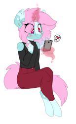 Size: 1102x1792 | Tagged: safe, artist:spoopygander, oc, oc only, oc:scoops, anthro, unguligrade anthro, blushing, clothes, cute, ear piercing, female, jeans, lineart, looking down, magic, markings, off shoulder, off shoulder sweater, outline, pants, phone, piercing, playing with hair, simple background, sitting, solo, sticker, sweater, transparent, transparent background