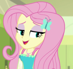 Size: 591x563 | Tagged: safe, screencap, fluttershy, equestria girls, equestria girls series, fluttershy's butterflies, g4, beautiful, canterlot high, cropped, eyeshadow, female, geode of fauna, lidded eyes, magical geodes, makeup, solo