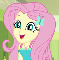 Size: 571x578 | Tagged: safe, screencap, fluttershy, equestria girls, equestria girls series, fluttershy's butterflies, g4, clothes, cropped, cute, cute face, dress, female, geode of fauna, hair, hairpin, happy, jewelry, lockers, necklace, open mouth, open smile, shyabetes, smiling, solo, teenager