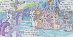 Size: 2126x1083 | Tagged: safe, artist:nephilim rider, applejack, fluttershy, pinkie pie, rainbow dash, rarity, starlight glimmer, twilight sparkle, oc, oc:heaven lost, alicorn, pony, g4, school daze, alicorn oc, black and red, black and white, grayscale, monochrome, traditional art, twilight sparkle (alicorn)