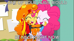 Size: 888x499 | Tagged: safe, edit, edited screencap, screencap, pinkie pie, sunset shimmer, equestria girls, g4, my little pony equestria girls: summertime shorts, the art of friendship, hug, meme