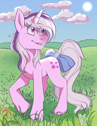 Size: 1024x1325 | Tagged: safe, artist:mayahen, twilight, pony, unicorn, g1, bow, female, freckles, happy, mare, meadow, outdoors, redraw, solo, tail bow