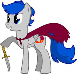 Size: 1150x1113 | Tagged: safe, artist:derjuin, oc, oc only, oc:silver lining, pegasus, pony, broken sword, cape, clothes, colt, male, open mouth, simple background, solo, sword, transparent background, vector, weapon