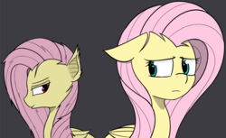 Size: 2215x1354 | Tagged: safe, artist:pinkberry, fluttershy, bat pony, pony, g4, duality, duo, female, flutterbat, race swap, worried