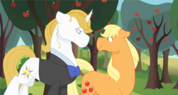 Size: 3972x2128 | Tagged: safe, artist:moonlightnote, applejack, prince blueblood, g4, clothes, female, high res, male, missing hat, ship:bluejack, shipping, smiling, straight, suit, sweet apple acres