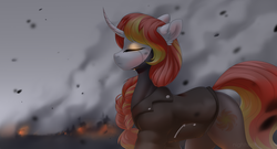 Size: 1280x693 | Tagged: safe, artist:nightskrill, oc, oc only, pony, unicorn, clothes, curved horn, destruction, eyes closed, female, fire, horn, mare, solo