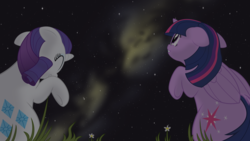 Size: 3840x2160 | Tagged: safe, artist:eagle1division, rarity, twilight sparkle, alicorn, pony, unicorn, a world apart, fanfic:tapestry: a world apart, g4, duo, fanfic art, female, floppy ears, grass, high res, laughing, looking up, mare, night, night sky, perspective, sky, stargazing, stars, twilight sparkle (alicorn)