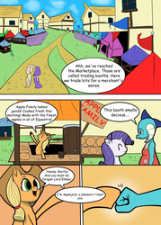 Size: 915x1280 | Tagged: safe, artist:ahobobo, applejack, princess ember, rarity, dragon, comic:expanding relations, g4, apple, apple pie, dragoness, fanfic art, female, fist bump, food, hoofbump, pie, ponyville, ponyville market, this will end in weight gain, wingless