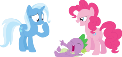 Size: 3586x1684 | Tagged: safe, artist:porygon2z, pinkie pie, spike, trixie, dragon, earth pony, pony, unicorn, g4, butt, cruel, eyes closed, female, justice, laughing, male, mare, no mouth, out of character, plot, revenge, simple background, transparent background