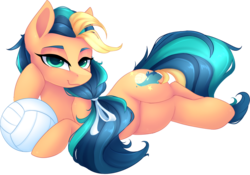 Size: 1000x699 | Tagged: safe, artist:scarlet-spectrum, oc, oc only, oc:playa "spikeball" azul, earth pony, pony, bedroom eyes, commission, digital art, draw me like one of your french girls, female, looking at you, mare, prone, simple background, smiling, solo, sports, transparent background, volleyball
