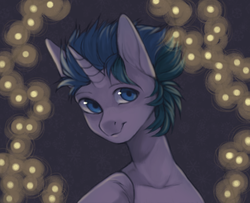 Size: 1478x1200 | Tagged: safe, artist:kottonashi, oc, oc only, pony, unicorn, bust, commission, digital art, lights, looking at you, male, signature, smiling, stallion, ych result