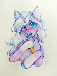 Size: 810x1080 | Tagged: safe, artist:kottonashi, oc, oc only, pony, unicorn, commission, eating, female, food, ice cream, licking, mare, simple background, tongue out, traditional art, white background, ych result