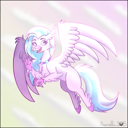 Size: 1006x1006 | Tagged: safe, artist:moonalle105, silverstream, classical hippogriff, hippogriff, g4, chest fluff, female, flying, jewelry, necklace, solo, waving