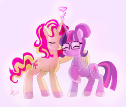 Size: 1523x1294 | Tagged: safe, artist:bluemerald333, sci-twi, sunset shimmer, twilight sparkle, pony, unicorn, equestria girls, g4, equestria girls ponified, female, glasses, horn, horns are touching, lesbian, mare, ponified, ship:sci-twishimmer, ship:sunsetsparkle, shipping