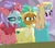 Size: 404x353 | Tagged: safe, screencap, ocellus, silverstream, smolder, changedling, changeling, dragon, hippogriff, g4, horse play, my little pony: friendship is magic, clothes, clothing damage, costume, cropped, dragoness, fake ears, fake horn, female, ocellus is not amused, prosthetic butt, trio, varying degrees of want, wig