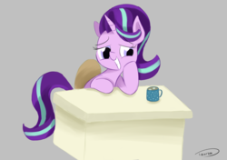 Size: 2461x1736 | Tagged: safe, artist:taurson, starlight glimmer, pony, g4, chocolate, desk, empathy cocoa, female, food, gray background, hot chocolate, marshmallow, simple background, smiling, solo
