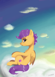 Size: 2500x3500 | Tagged: safe, artist:silverhopexiii, scootaloo, pegasus, pony, g4, cloud, female, filly, high res, lidded eyes, lonely, sad, scootalone, sitting, sky, solo
