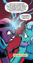 Size: 386x734 | Tagged: safe, artist:andypriceart, idw, official comic, glitter drops, tempest shadow, pony, unicorn, g4, spoiler:comic, spoiler:comic68, angry, broken horn, clothes, cropped, dialogue, duo, eye scar, female, frightened, horn, mare, red background, remorse, scar, scared, scarf, simple background, sparking horn, speech bubble, tempest's tale