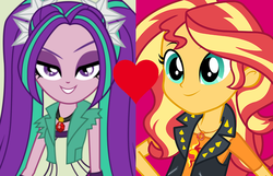 Size: 862x554 | Tagged: safe, artist:3d4d, aria blaze, sunset shimmer, equestria girls, g4, clothes, female, geode of empathy, lesbian, lidded eyes, looking at you, request, shipping, shipping domino, smiling, sunblaze