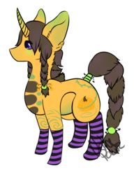 Size: 784x1020 | Tagged: artist needed, source needed, safe, oc, oc only, oc:pumpkin witch emily, pony, spider, unicorn, braid, braided tail, clothes, pumpkin, simple background, socks, solo, striped socks, transparent background, witch