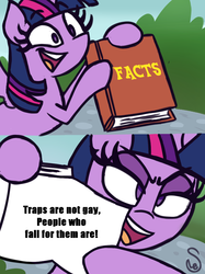 Size: 760x1015 | Tagged: safe, artist:quarium edits, twilight sparkle, alicorn, pony, g4, 2 panel comic, book, comic, comma splice, discussion in the comments, ed edd n eddy, exploitable meme, fact, female, hoof hold, image macro, male, meme, solo, trap, twilight sparkle (alicorn), twilight's fact book, whoops