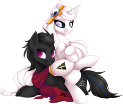 Size: 900x757 | Tagged: safe, artist:scarlet-spectrum, oc, oc only, oc:axl, oc:whitefire, earth pony, pony, unicorn, black sclera, clothes, commission, digital art, female, hairpin, long mane, male, mare, scarf, simple background, sitting on pony, skull, smiling, stallion, tail ring, transparent background, whixl