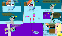Size: 3648x2112 | Tagged: safe, artist:mellowbomb, fluttershy, rainbow dash, oc, oc:closingrain, oc:doctor dexter wise, comic:calamity fateful, g4, 1000 hours in ms paint, comic, dialogue, high res