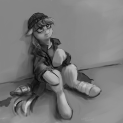 Size: 1600x1600 | Tagged: safe, artist:hardbrony, rainbow dash, pony, g4, alcohol, beanie, clothes, female, hat, looking up, mare, monochrome, sketch, solo