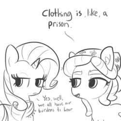 Size: 1280x1280 | Tagged: safe, artist:tjpones, rarity, tree hugger, earth pony, pony, unicorn, g4, bandana, clothes, dialogue, duo, ear fluff, female, grayscale, mare, monochrome, scarf, simple background, sketch, white background