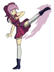 Size: 1372x1812 | Tagged: safe, artist:danmakuman, oc, oc only, oc:lannie lona, human, equestria girls, g4, boots, clothes, dress, female, hat, kick, plaid, ponytail, shoes, simple background, skirt, skirt lift, smiling, socks, solo, thigh highs, thigh socks, white background