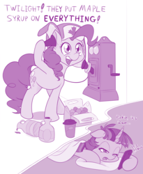 Size: 982x1200 | Tagged: safe, artist:dstears, pinkie pie, twilight sparkle, alicorn, earth pony, pony, g4, canada, cellphone, coffee cup, cup, dialogue, duo, female, hat, hoof hold, lying down, maple leaf, maple syrup, mare, monochrome, one eye closed, open mouth, phone, pillow, smiling, twilight sparkle (alicorn)