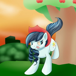 Size: 1500x1500 | Tagged: safe, artist:huffy26, coloratura, earth pony, pony, g4, applebucking, cowboy hat, female, hat, looking back, mare, newbie artist training grounds, rara, solo, stetson, tongue out, tree