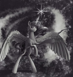 Size: 805x852 | Tagged: safe, artist:xxkrutoy, princess luna, alicorn, pony, g4, abstract background, female, glowing horn, grayscale, horn, mare, monochrome, rearing, solo, spread wings, wings
