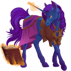 Size: 750x750 | Tagged: safe, artist:sitaart, oc, oc only, oc:frozen blaze, pony, unicorn, ponyfinder, arcanist, blue fur, book, clothes, commission, dungeons and dragons, fantasy class, female, magic, mare, orange eyes, pathfinder, pen and paper rpg, purple hair, rpg, simple background, solo, transparent background