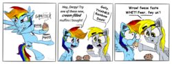 Size: 2100x783 | Tagged: safe, artist:chopsticks, derpy hooves, rainbow dash, pegasus, pony, g4, backfire, chest fluff, comic, cream cheese, cute, derp, dialogue, ear fluff, eating, female, flying, food, funny, hoof fluff, humor, mare, mayonnaise, muffin, prank, prank gone wrong, sauce, simple background, syringe, text