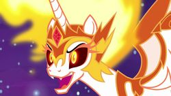 Size: 1280x720 | Tagged: safe, screencap, daybreaker, alicorn, pony, a royal problem, g4, fangs, female, glowing eyes, jewelry, mane of fire, mare, regalia, solo