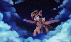 Size: 3645x2160 | Tagged: safe, artist:inowiseei, oc, oc only, oc:katherine, dog, pegasus, pony, cloud, flying, high res, night, shooting star, solo, starry night, stars