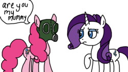 Size: 1920x1080 | Tagged: safe, artist:cherry1cupcake, pinkie pie, rarity, earth pony, pony, unicorn, g4, doctor who, gas mask, mask, rarity is not amused, the empty child, unamused