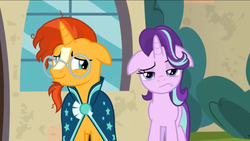 Size: 1136x640 | Tagged: safe, screencap, starlight glimmer, sunburst, g4, the parent map, floppy ears, raised eyebrow, sire's hollow, starlight glimmer is not amused, unamused