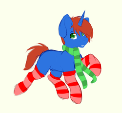 Size: 2115x1956 | Tagged: artist needed, safe, oc, oc only, oc:cyberpon3, pony, unicorn, clothes, male, scarf, simple background, socks, solo, stallion, striped socks