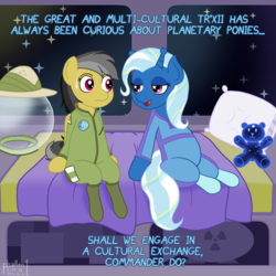 Size: 1500x1500 | Tagged: safe, artist:phallen1, daring do, trixie, alien, alien pony, bicorn, pegasus, pony, ursa minor, g4, alternate universe, atg 2018, bed, bedroom eyes, bodysuit, boots, clothes, comic, daringverse, duo, duo female, female, flirting, hat, horn, jumpsuit, looking at each other, newbie artist training grounds, nuclear weapon, pillow, pith helmet, shoes, space, space helmet, space pony, spacesuit, starry eyes, stars, sweat, sweatdrop, teddy bear, text, ursa plush, weapon, wingding eyes