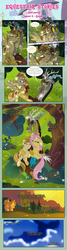 Size: 1919x7120 | Tagged: safe, artist:estories, discord, fluttershy, oc, oc:alice goldenfeather, draconequus, pegasus, pony, comic:find yourself, g4, comic, crying, dappled sunlight, female, hug, mare, tears of joy, tree