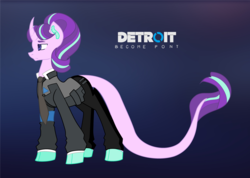 Size: 4672x3320 | Tagged: safe, artist:musicbetmlp, starlight glimmer, classical unicorn, pony, unicorn, g4, clothes, cloven hooves, connor, cosplay, costume, crossover, curved horn, detroit: become human, female, gradient background, horn, jacket, leonine tail, mare, pants, rk800, solo, suit, unshorn fetlocks, video game