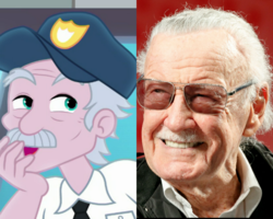 Size: 1350x1080 | Tagged: safe, screencap, stanley excelsior, equestria girls, equestria girls series, g4, rollercoaster of friendship, background human, cameo, comparison, equestria girls-ified, irl, photo, police, police officer, stan lee